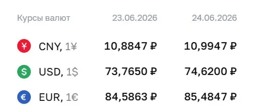Официальный курс Центрального банка на 24 июня: доллар — ₽74,62; евро — ₽85,48; юань — ₽10,99. Эти курсы используются при расчетах по отдельным финансовым инструментам.