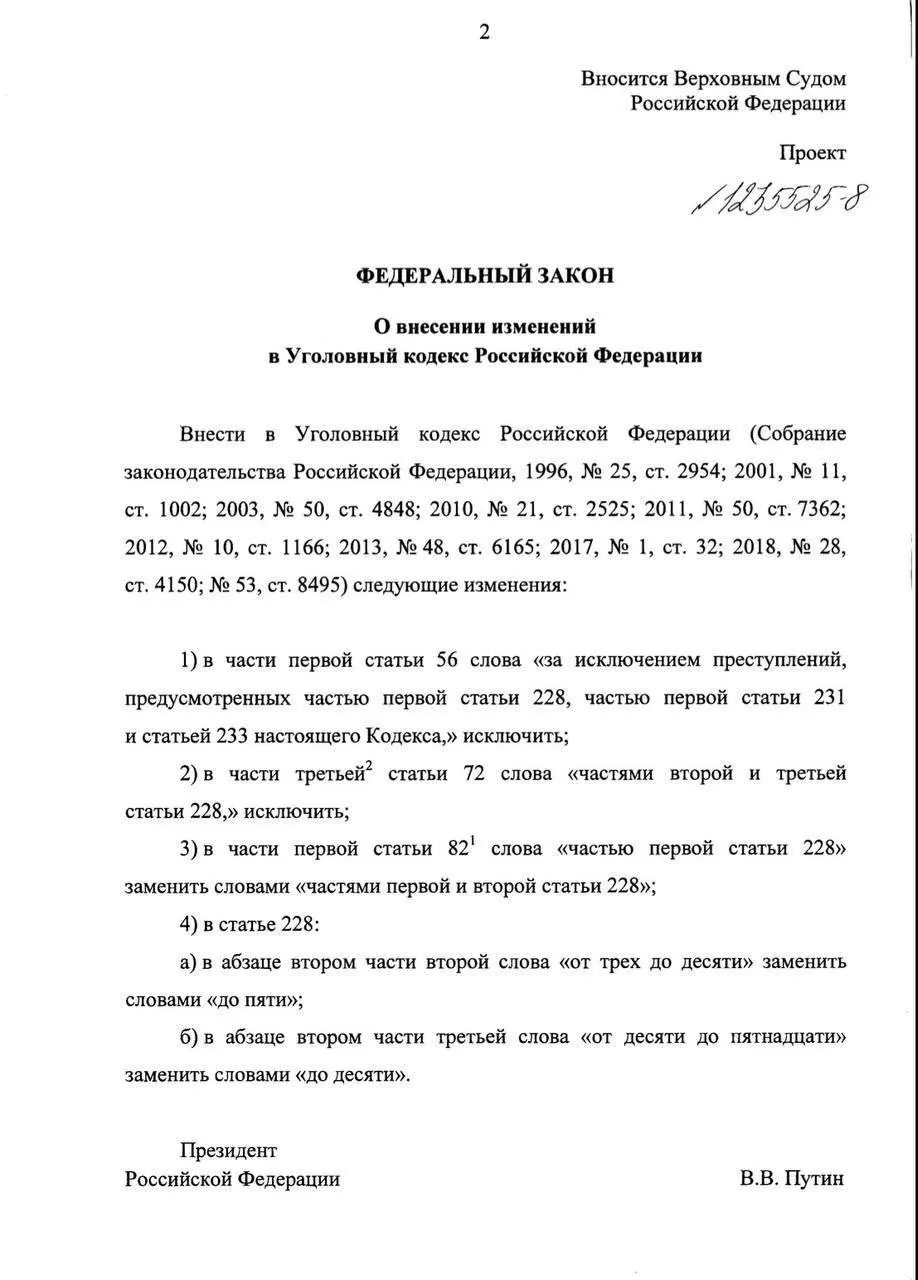 Предлагается не отправлять в тюрьму людей, впервые задержанных с наркотиками для личного употребления: возможные санкции — штраф, обязательные работы или принудительное лечение. Также предлагают сократить максимальные сроки за крупные размеры хранения до 5 и 10 лет.