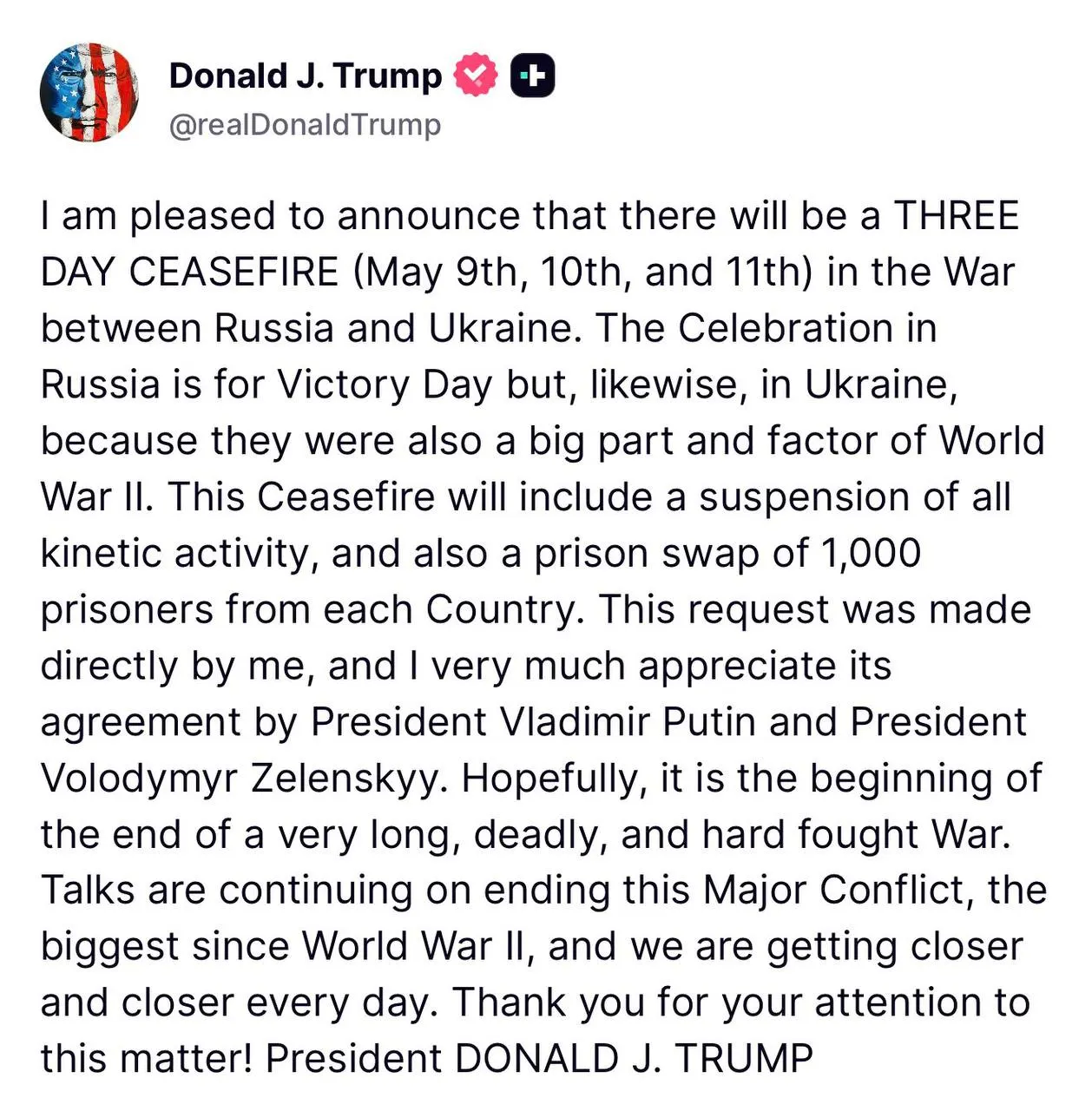 Президент США Дональд Трамп сообщил, что обратился к России и Украине с инициативой обмена пленными по формуле «1000 на 1000» в рамках объявленного прекращения огня на три дня — с 9 по 11 мая.
