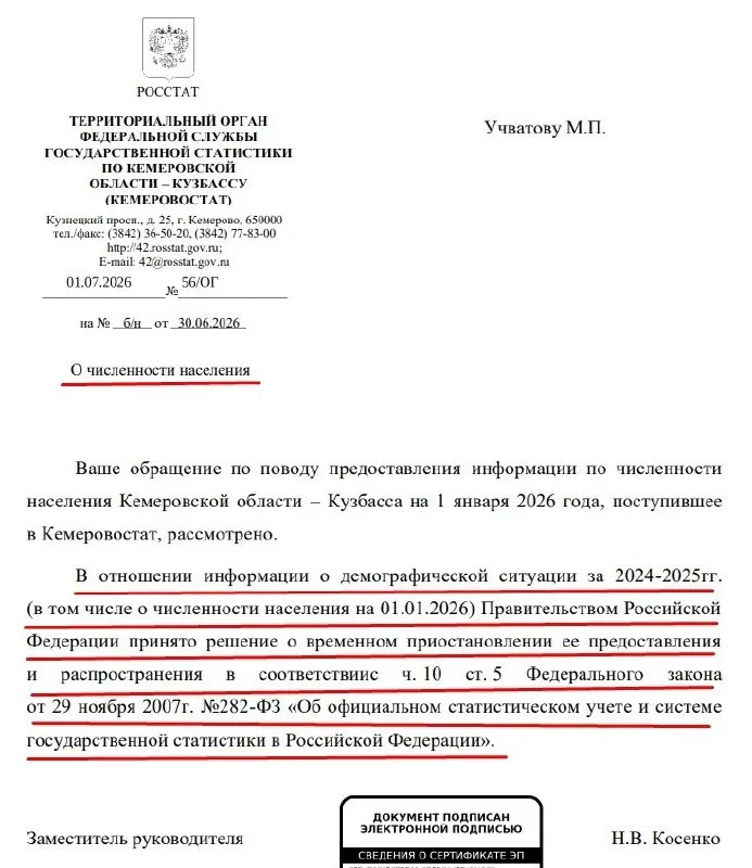 Правительство временно приостановило предоставление официальных данных о численности населения по регионам, говорится в ответе Кемеровостата. В 2023 году закон изменили — правительство получило полномочия устанавливать особенности доступа к официальной статистике.
