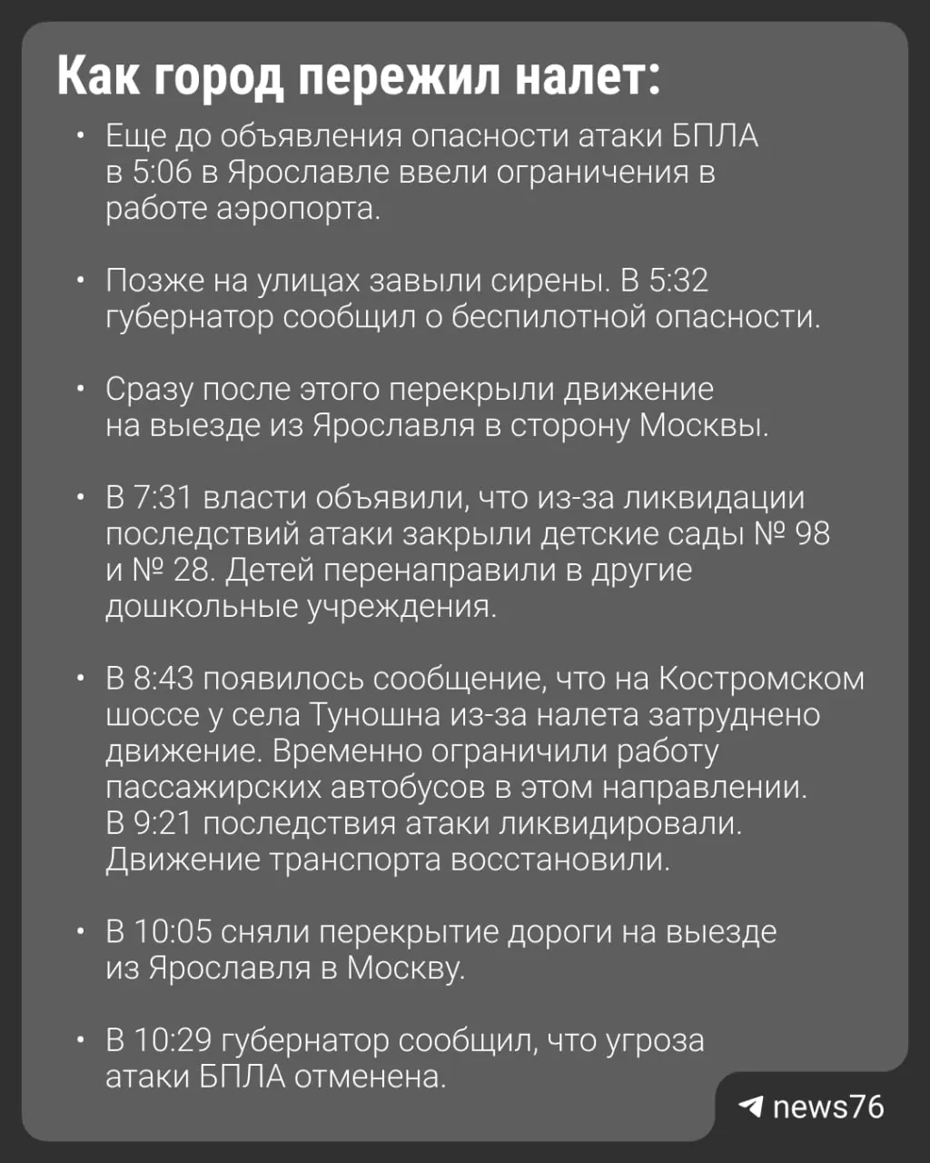 67 беспилотников атаковали Ярославль. Погиб один человек, пострадали 27. Подробности — по карточкам.